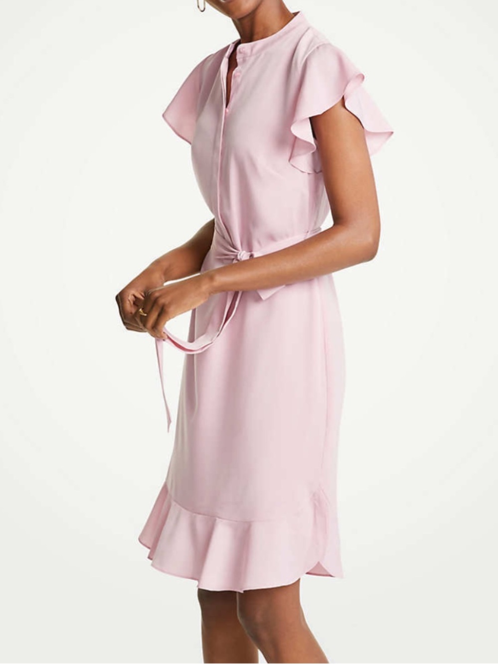 Ann Taylor light Pink Ruffle Sleeve Tie-Waist Dress